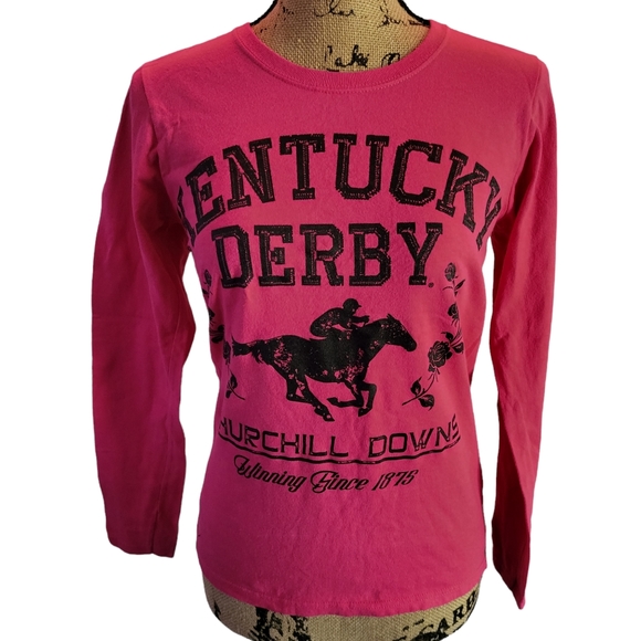 Kentucky Derby Tops - Small Kentucky Derby Long-Sleeved Hot Pink T-shirt: Horse Racing, Kentucky Derby